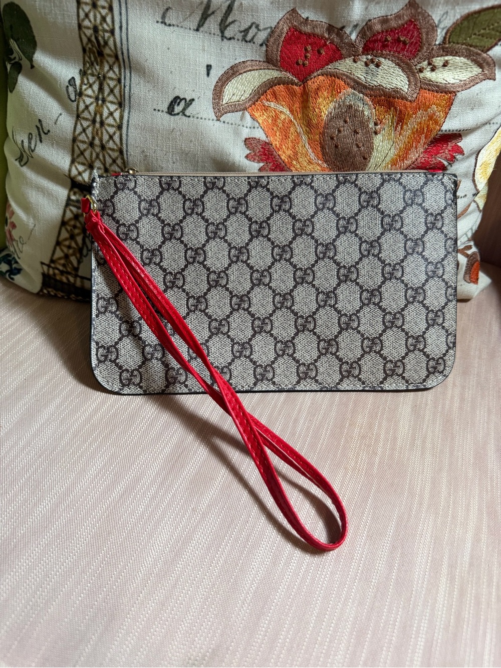 Classic Monogram Wristlet Clutch in Beige with Red Strap